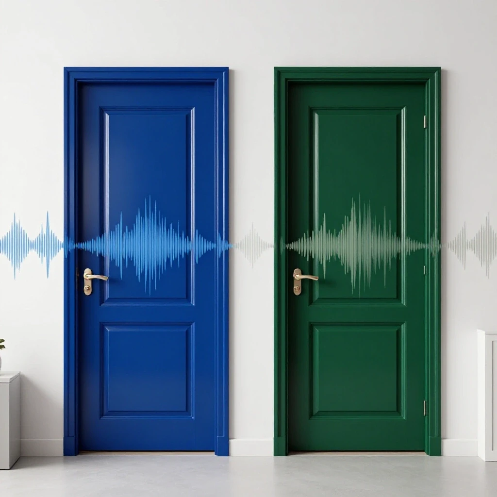 A split-image featuring a modern soundproof door with vibrant colors contrasting a traditional door with penetrating sound waves.