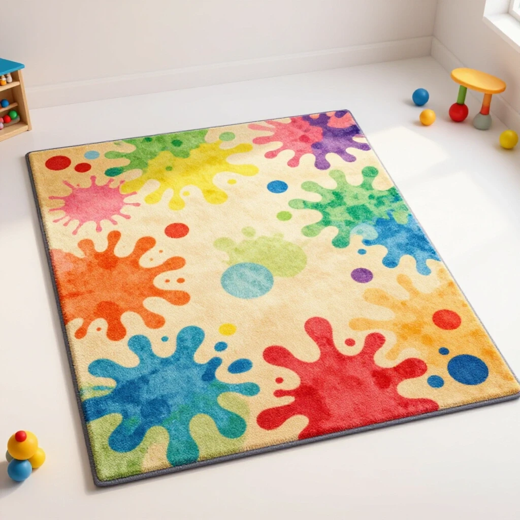 Vibrant kids' play rug featuring colorful splash designs, surrounded by toys in a bright studio setting.