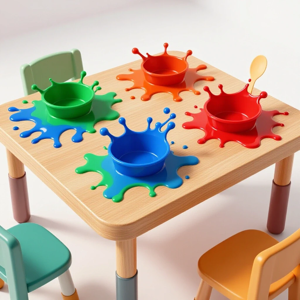 Colorful kids' table set displaying spill tests with vibrant juice splashes on various materials