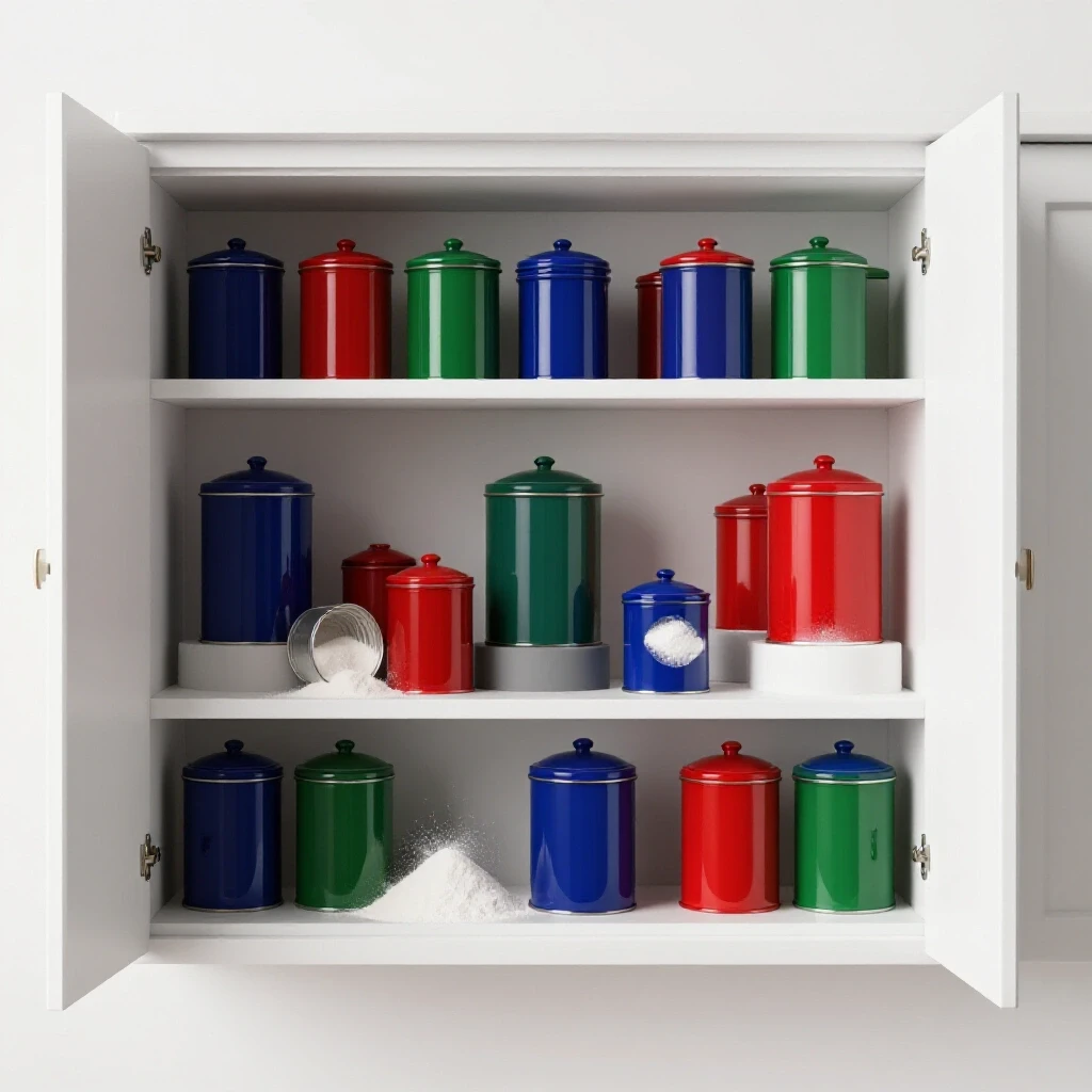 Colorful canisters in an open kitchen cabinet with ingredients spilling out, showcasing airtight storage.