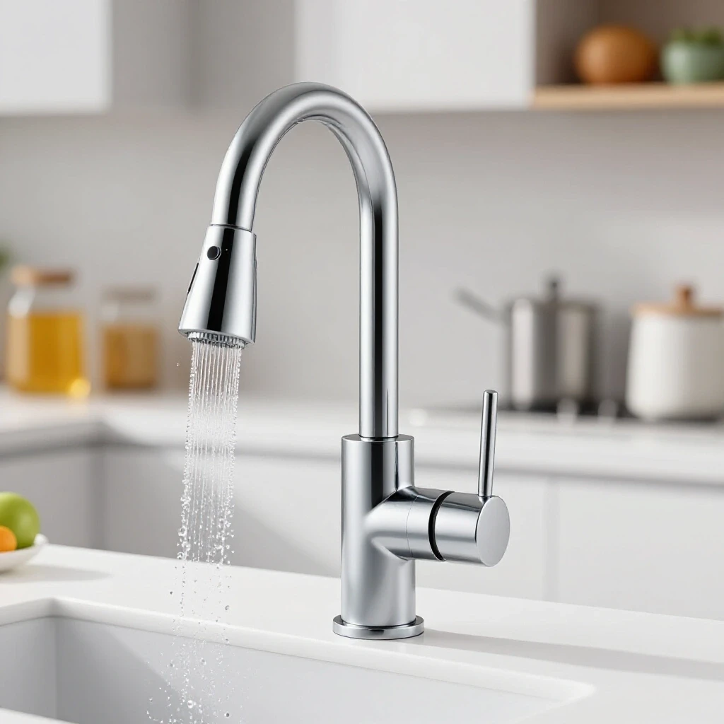 A modern kitchen faucet with water droplets on one side and a pristine countertop on the other, set against a bright background.