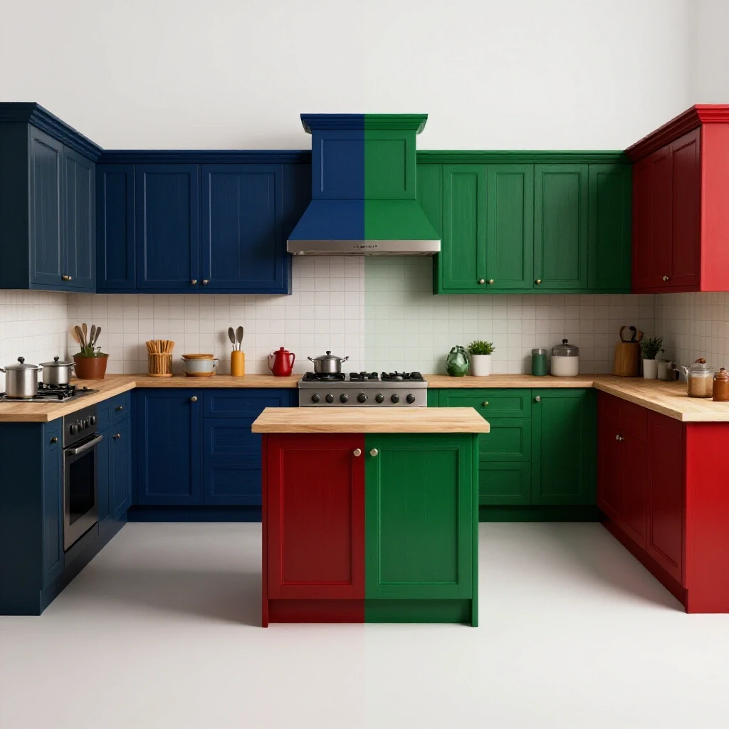 A split-screen image showcasing a kitchen renovation, with one side dull and outdated, and the other vibrant and fresh with deep colors.