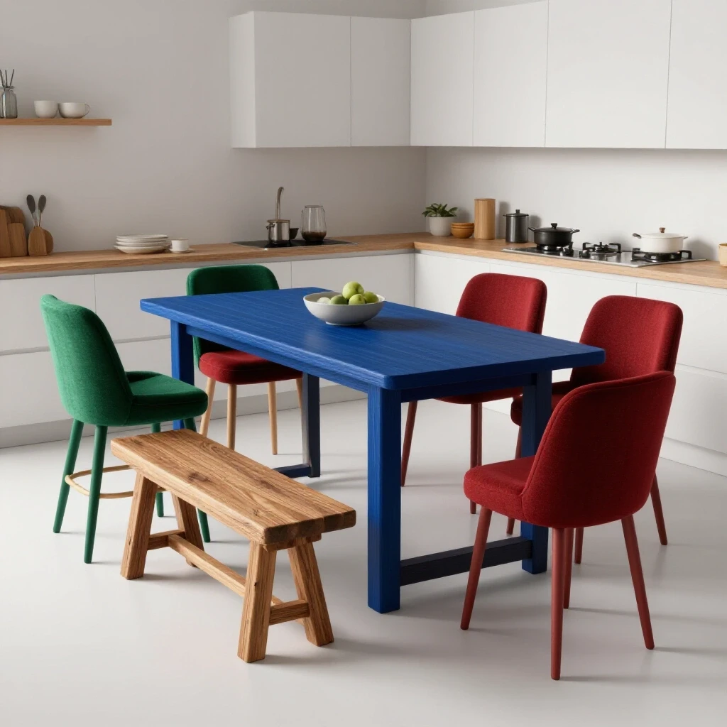 A cozy kitchen scene showcasing a variety of seating options with vibrant colors around a stylish dining table.