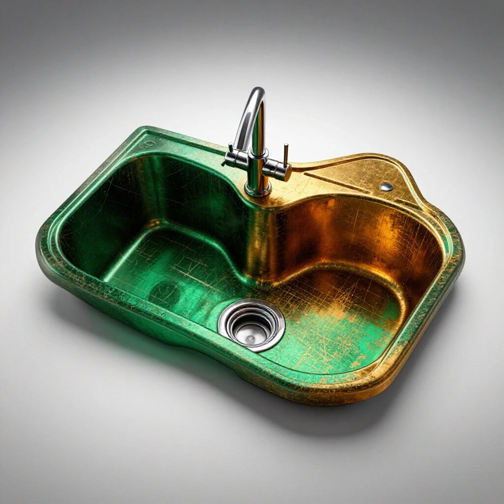 A striking kitchen sink showcasing a shiny finish contrasted with a scratched and worn surface, highlighting durability.