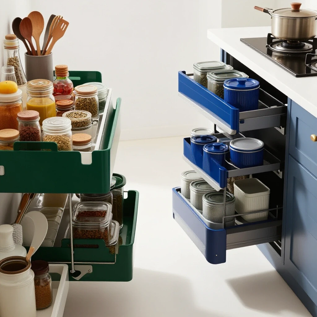 Stylish kitchen divided into cluttered and organized sections showcasing innovative storage solutions.