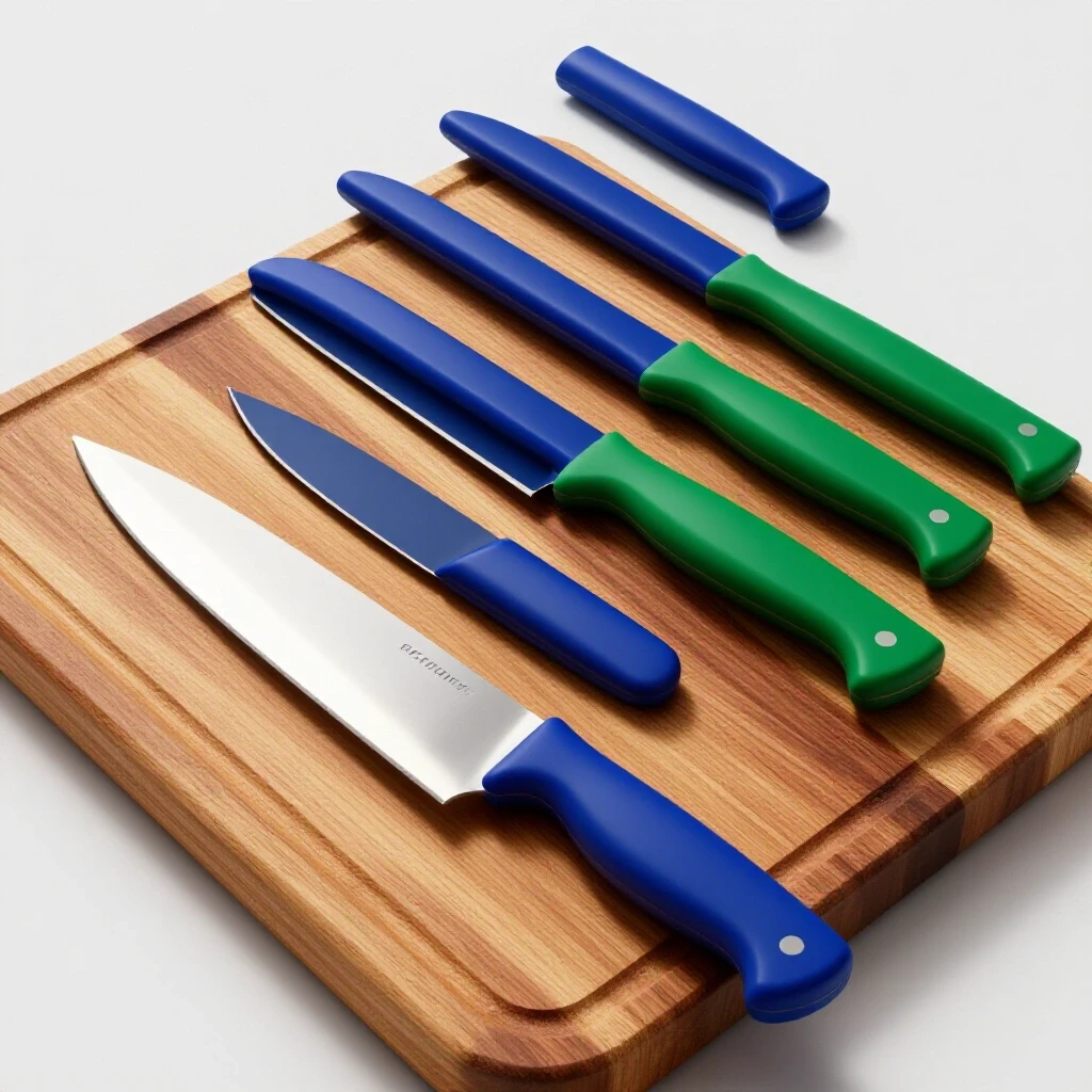 A wooden cutting board featuring a stunning knife set, one knife prominently displayed, emphasizing durability and design.