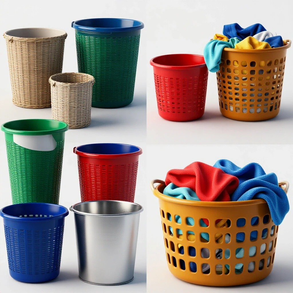 A comparison of durable laundry baskets made from various materials with colorful laundry in one basket.