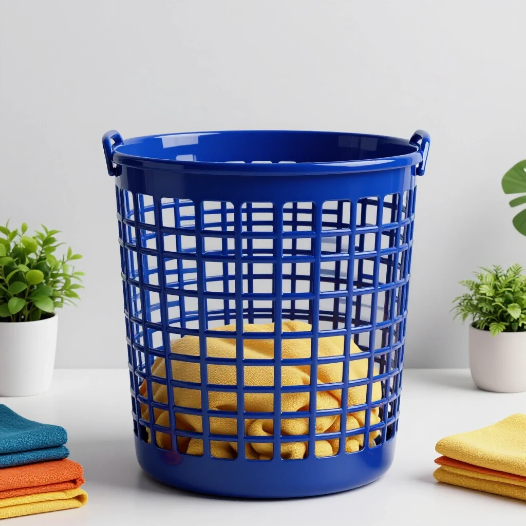A stylish deep royal blue laundry basket in a minimalist setting surrounded by plants and vibrant textiles.