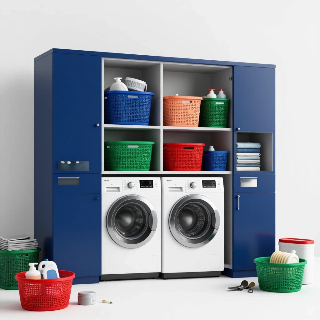 A modern laundry room with sleek cabinets showcasing organized storage, contrasted by a cluttered area, emphasizing organization.