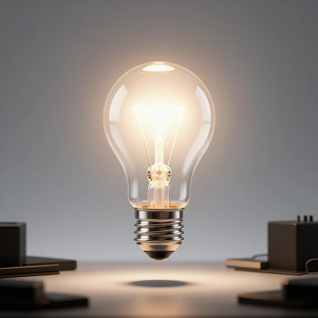 A glowing LED light bulb suspended above a cluttered workspace, casting warm light and dramatic shadows