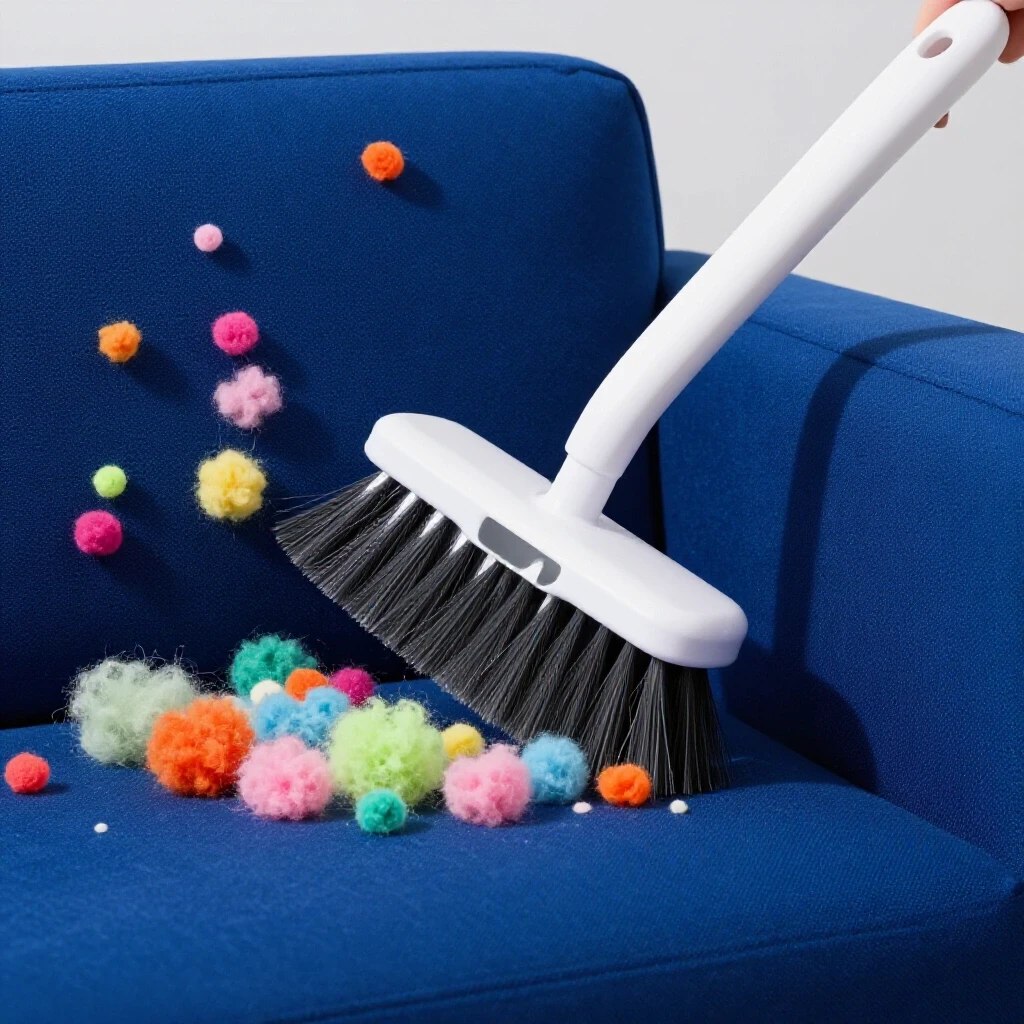 Close-up of a lint brush removing colorful lint from a vibrant royal blue couch in a clean studio setting.