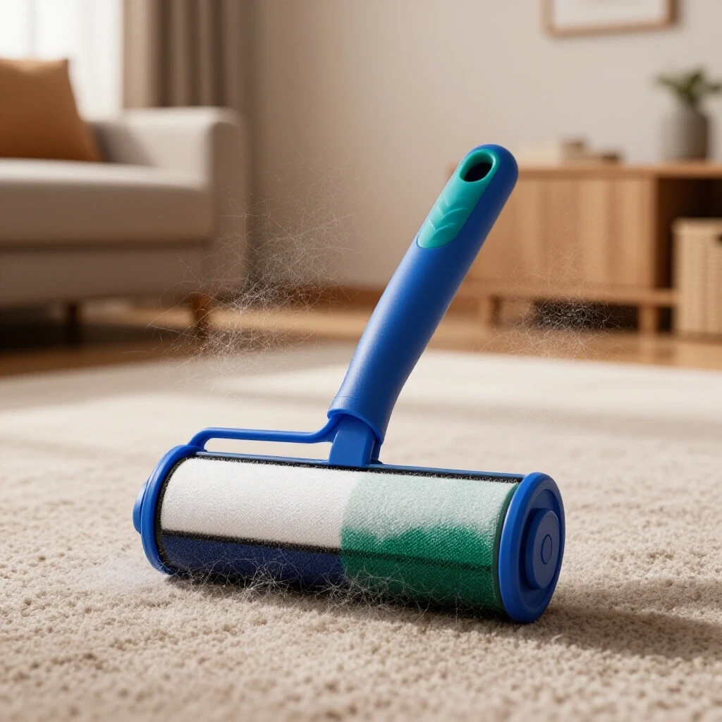 Close-up of a vibrant lint roller in a cozy living room filled with pet hair, showcasing its effectiveness.