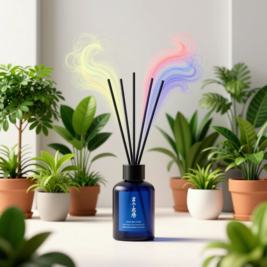 A vibrant air freshener set in a bright home environment, surrounded by lush plants and colorful scent trails.