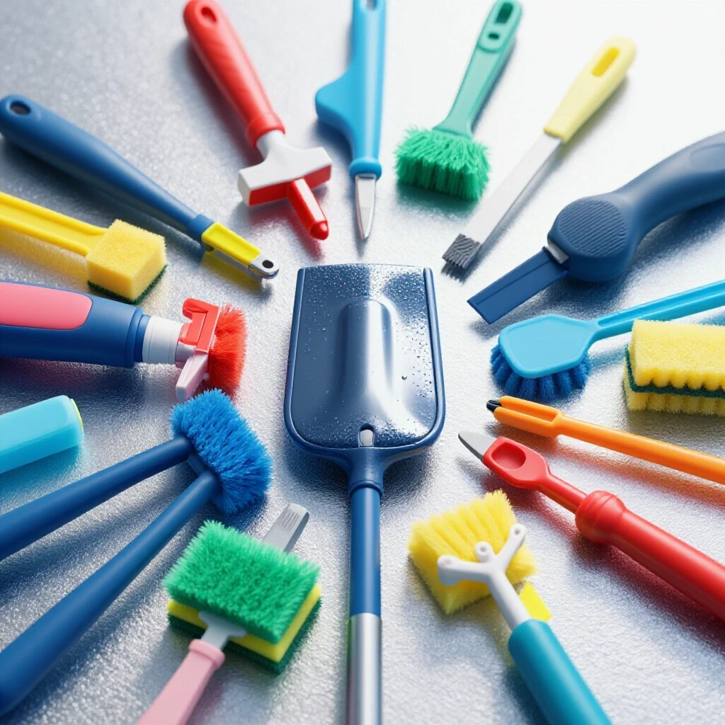 Vibrantly colored cleaning tools arranged in a circular pattern, with one tool glistening in the center on a clean background.