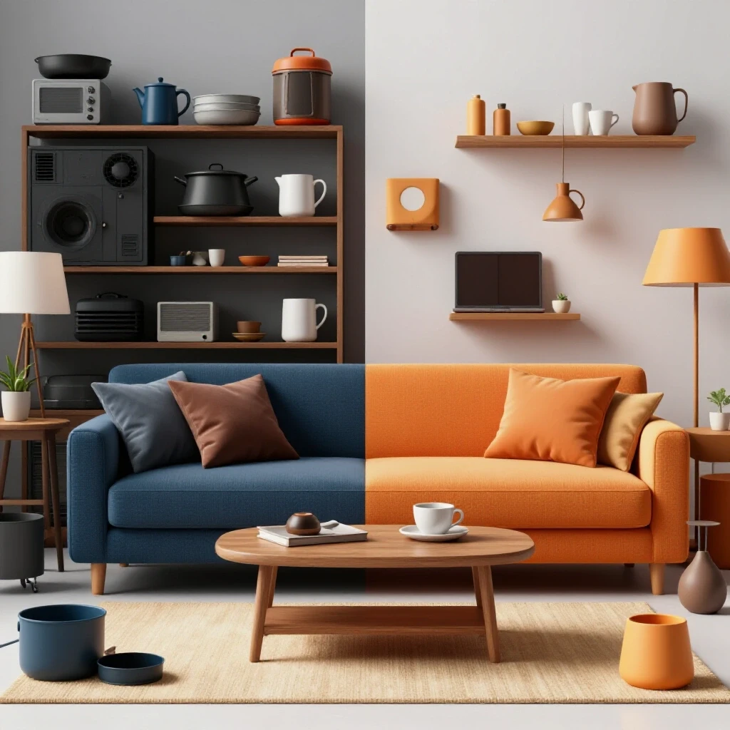 Cozy living space split into two contrasting sides: cluttered high-maintenance gear and minimalist low-maintenance items.