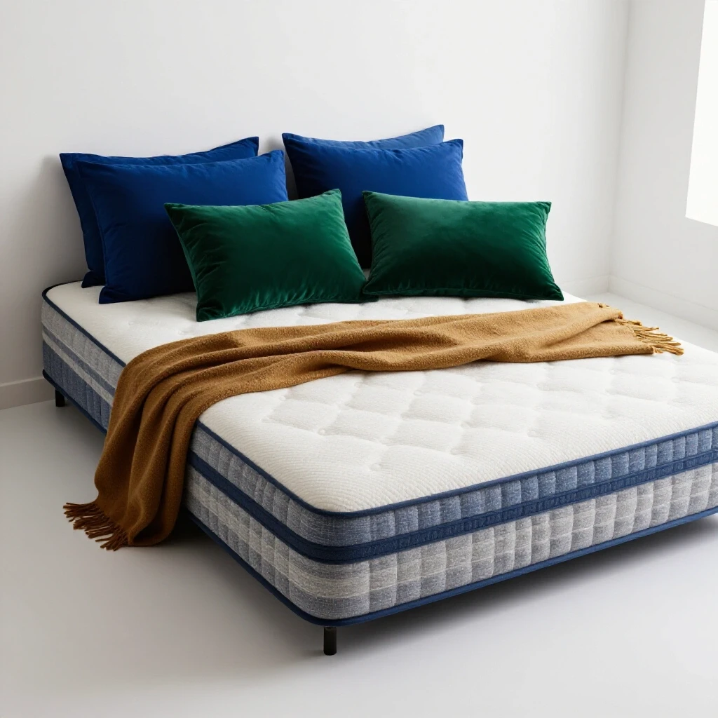 A cozy bedroom featuring a well-worn mattress surrounded by plush pillows and a warm throw blanket, evoking comfort.