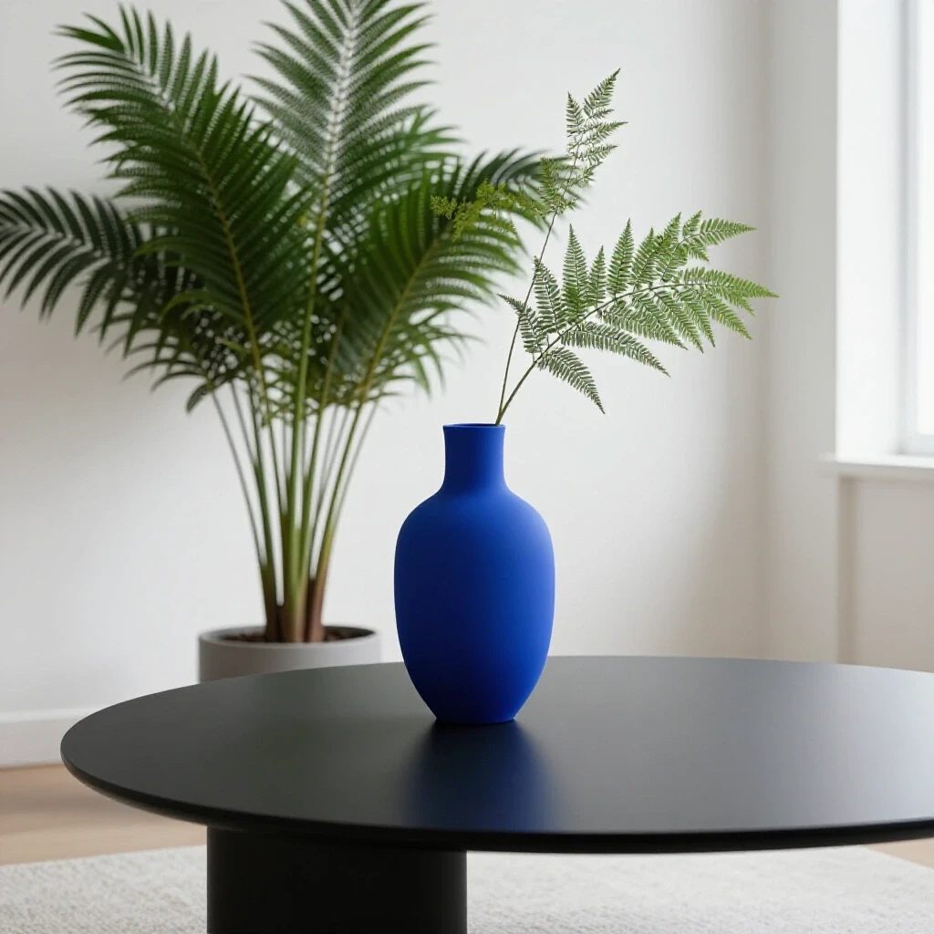 A serene minimalist room featuring a deep royal blue vase, emerald green plant, and matte coffee table in bright light.