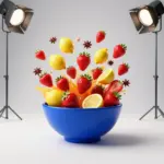 Vibrant mixing bowl overflowing with colorful ingredients like strawberries and lemons in a bright kitchen setting.