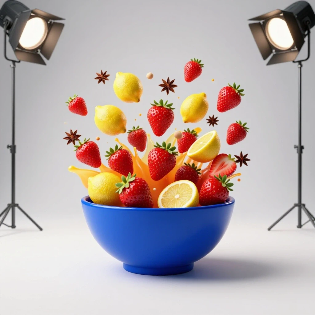 Vibrant mixing bowl overflowing with colorful ingredients like strawberries and lemons in a bright kitchen setting.