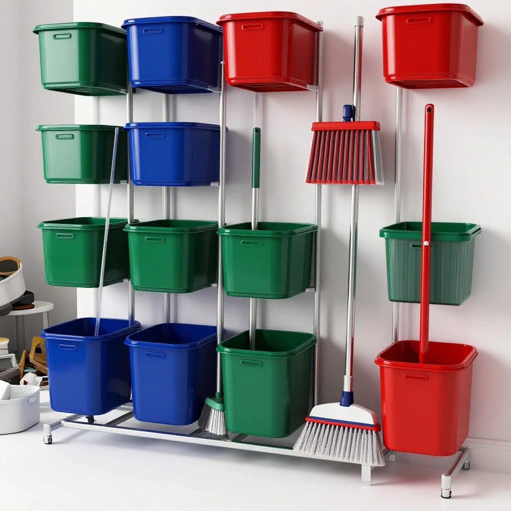 Organized mop and broom storage solution in a bright, well-lit setting contrasting with a cluttered corner.