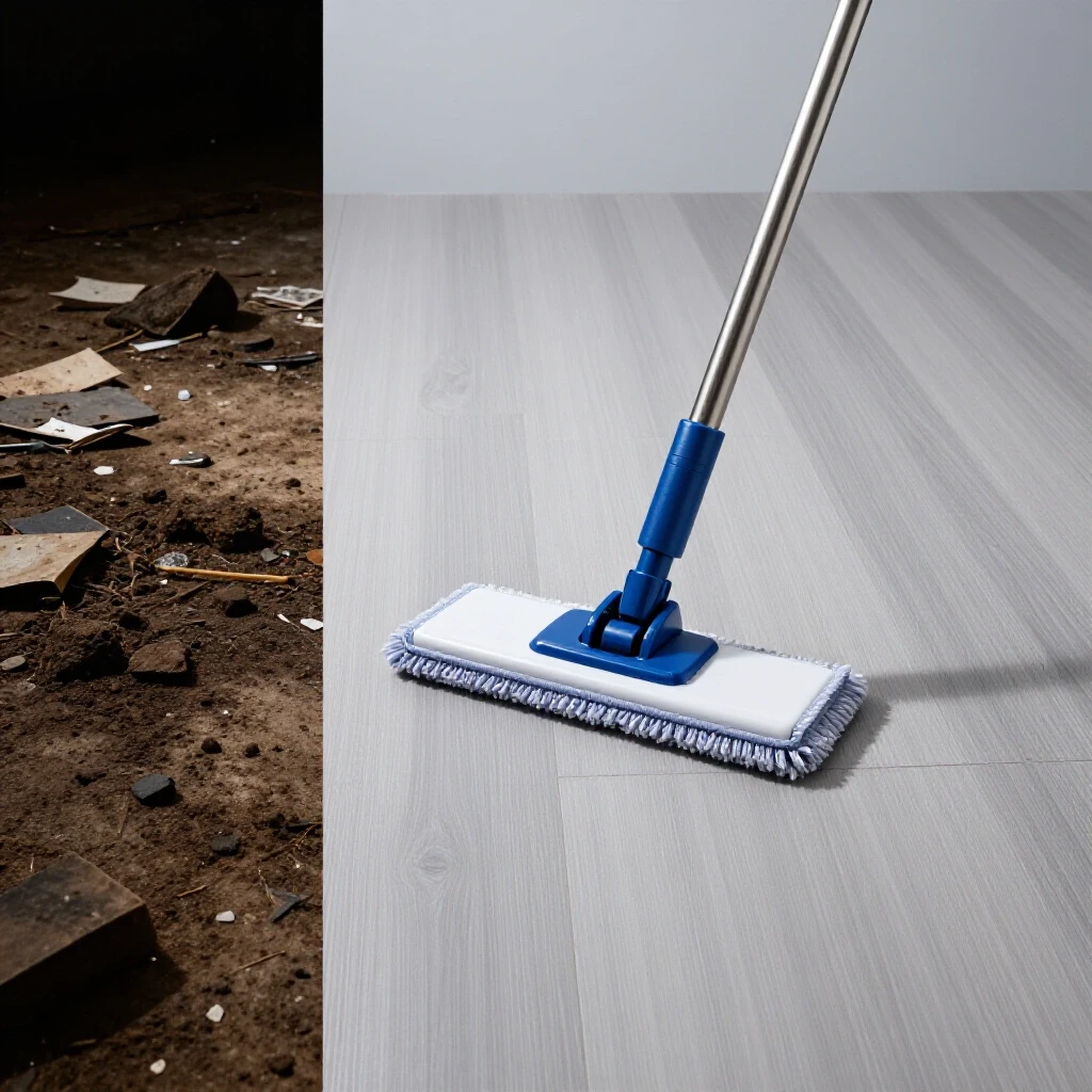 A split image showing a messy floor on one side and a clean, polished floor with a mop system on the other, highlighting the transformation.