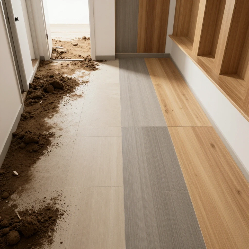 A split scene comparing a messy, muddy entryway and a stylish, clean mudroom with different flooring options.