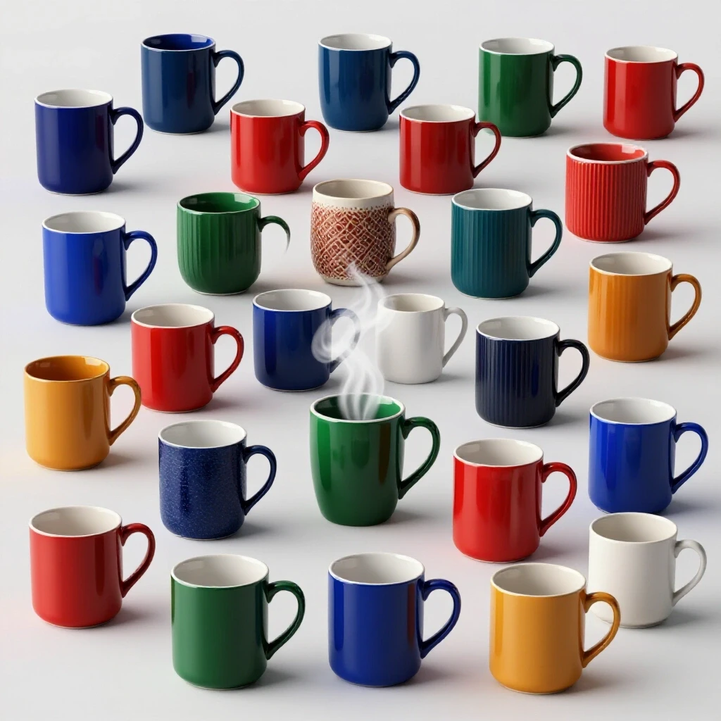 A vibrant display of diverse mugs in a cozy kitchen setting, showcasing unique colors and steam rising from one mug.