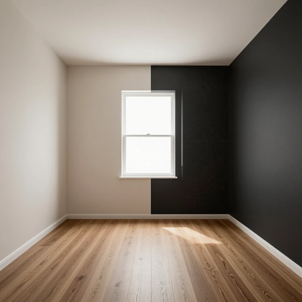A split room showcasing a soft neutral wall on one side and a darker color on the other, illustrating how colors can affect room perception.
