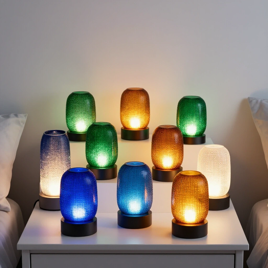 A cozy bedroom scene with artistic night lights glowing softly on a bedside table, showcasing rich colors and calming ambiance.