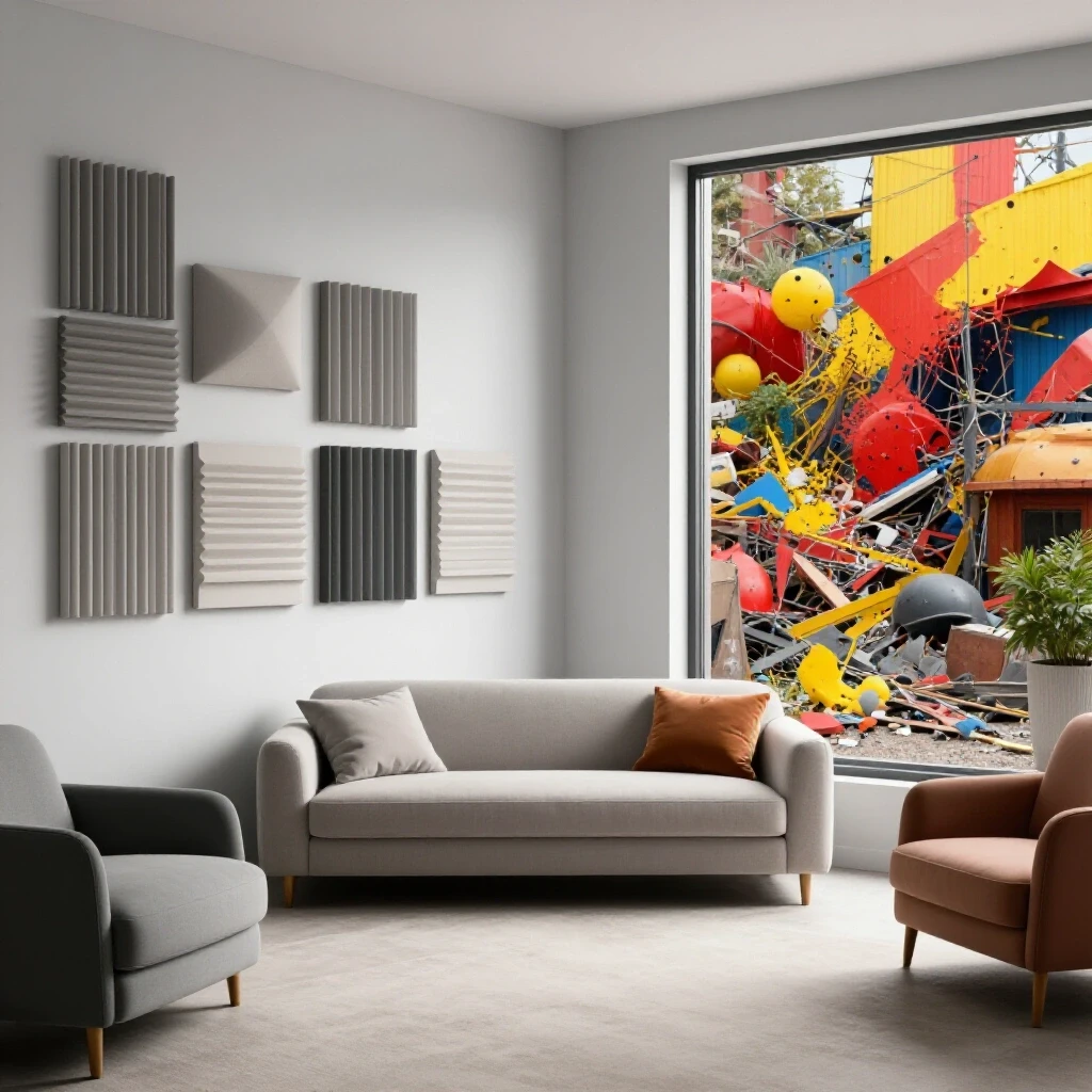 A serene living room filled with elegant noise-reducing products, contrasting with a chaotic outdoor scene visible through a window.