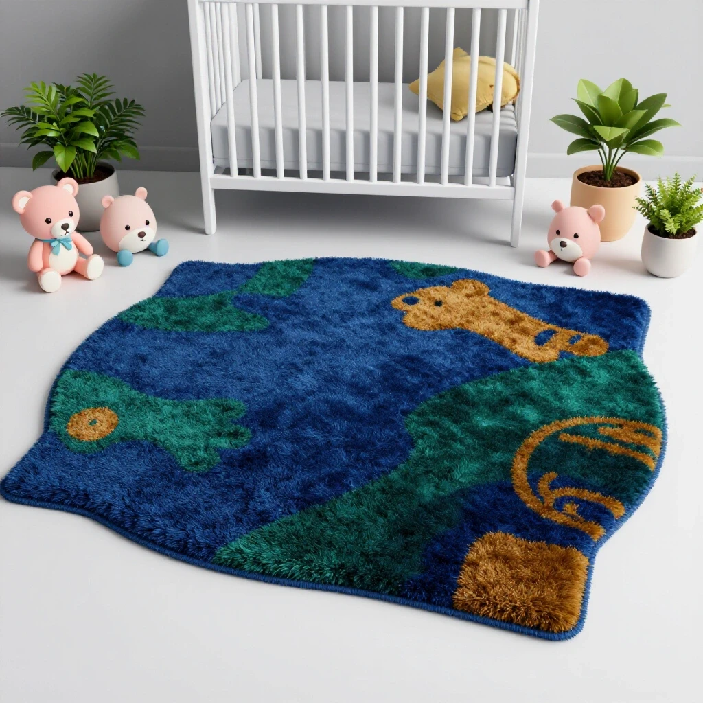 Cozy nursery featuring a plush rug surrounded by vibrant pastel toys and allergy-friendly plants in a bright setting.