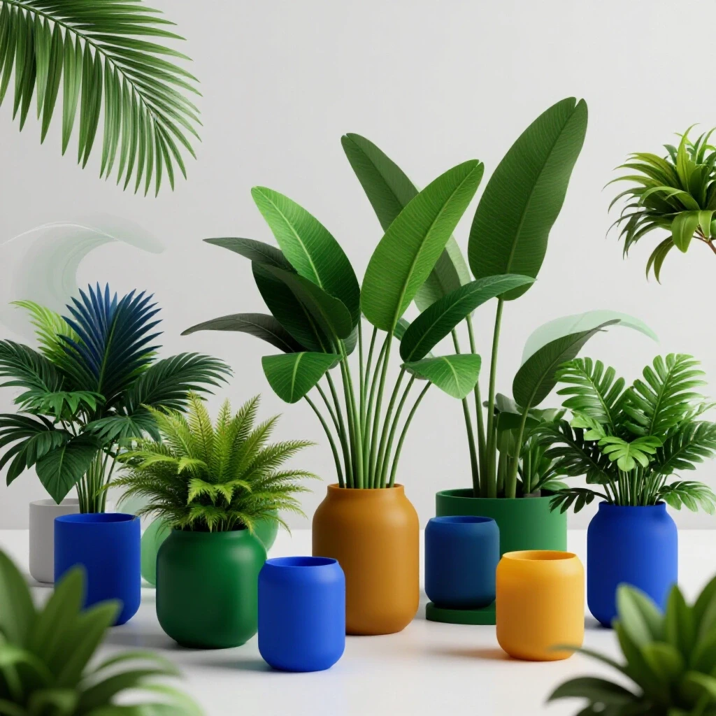 A beautifully arranged living space showcasing vibrant plants and deep-colored odor-control products against a bright background.