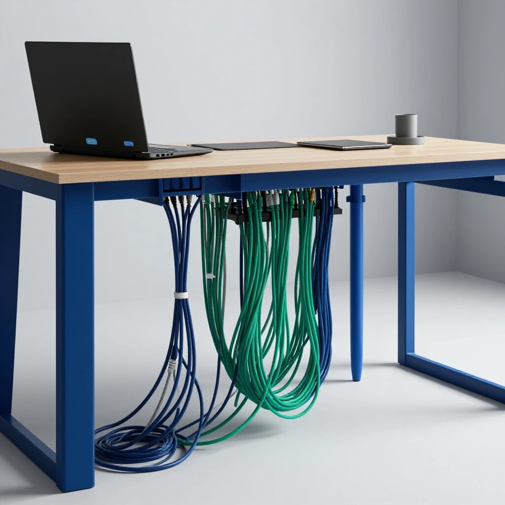A modern office desk showcasing a contrasting cable management solution with organized cables vs. visible chaos.