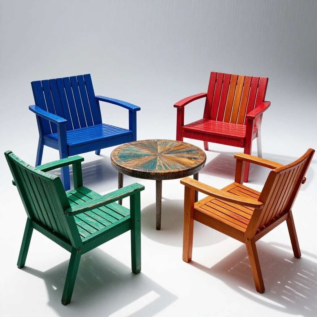 A split scene of outdoor furniture: one side sunlit and weathered, the other sleek and rain-soaked, illustrating material contrasts.