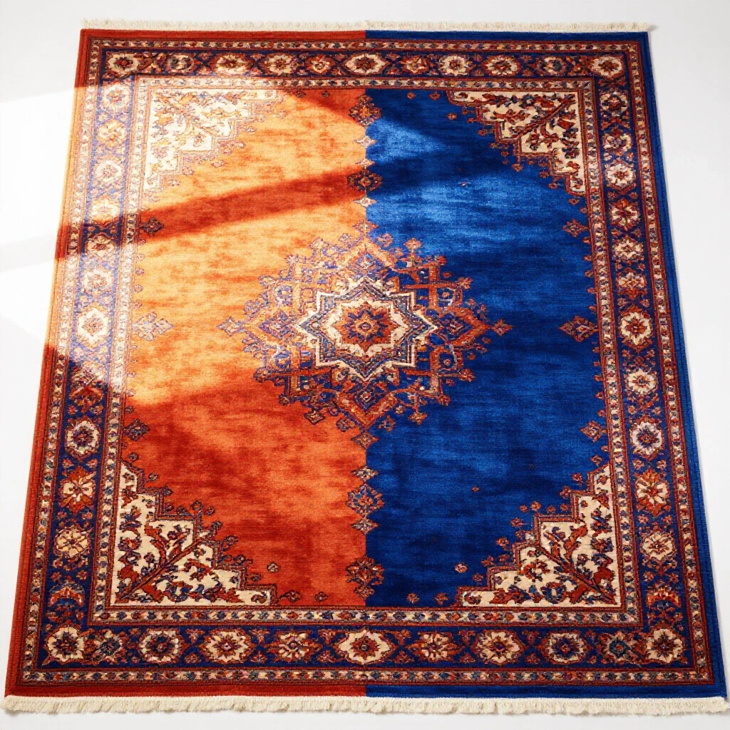 Split-screen comparison of a fading sunlit outdoor rug and a pristine colorful outdoor rug, illustrating fade resistance.