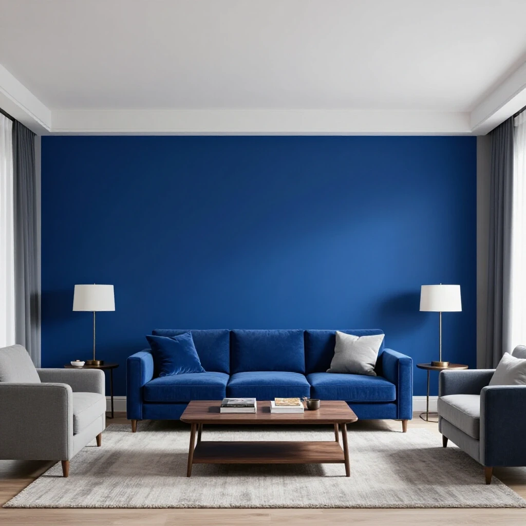 Staged living room with a striking royal blue accent wall and subtle light shades, showcasing color harmony in home design.