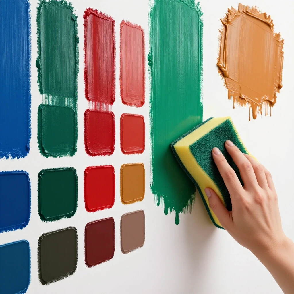 A split scene showing vibrant paint finishes on a wall and a close-up of a sponge cleaning them, highlighting durability.
