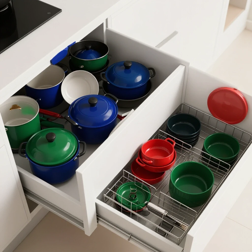 A chaotic kitchen drawer with mismatched pots and pans on one side transitioning into a neatly organized drawer with a pan organizer.