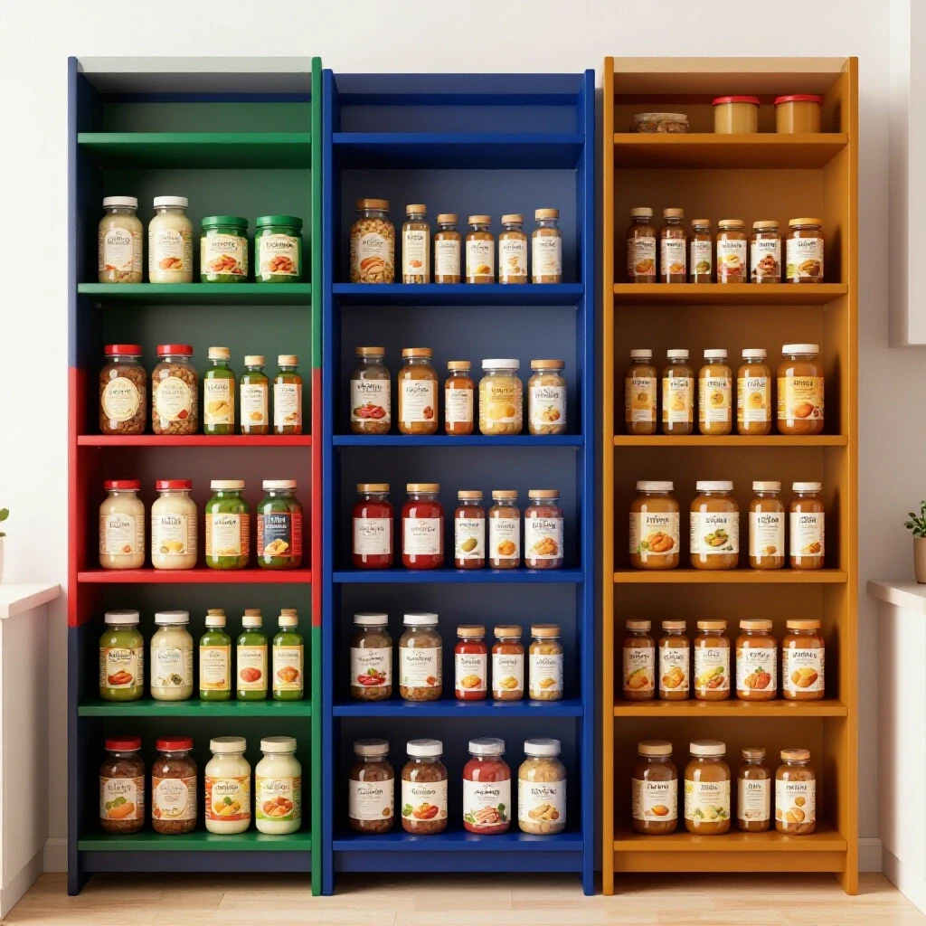 A beautifully organized kitchen featuring different types of pantry shelving in vibrant colors and well-arranged items.