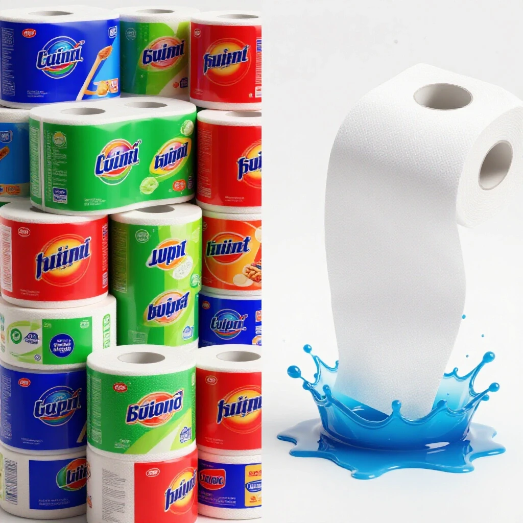 Colorful array of paper towel brands on one side, with a dramatic close-up of a paper towel absorbing spills on the other side.