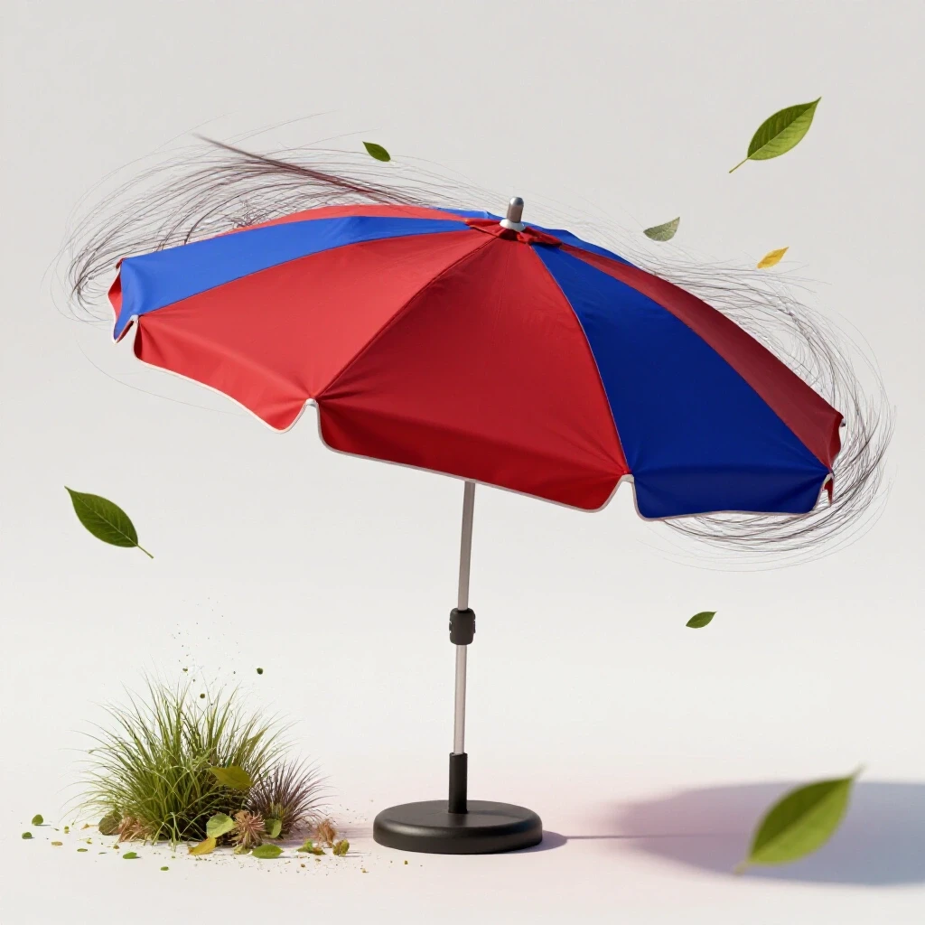 A vibrant patio scene showcasing a colorful outdoor umbrella enduring strong winds, highlighting its durability.