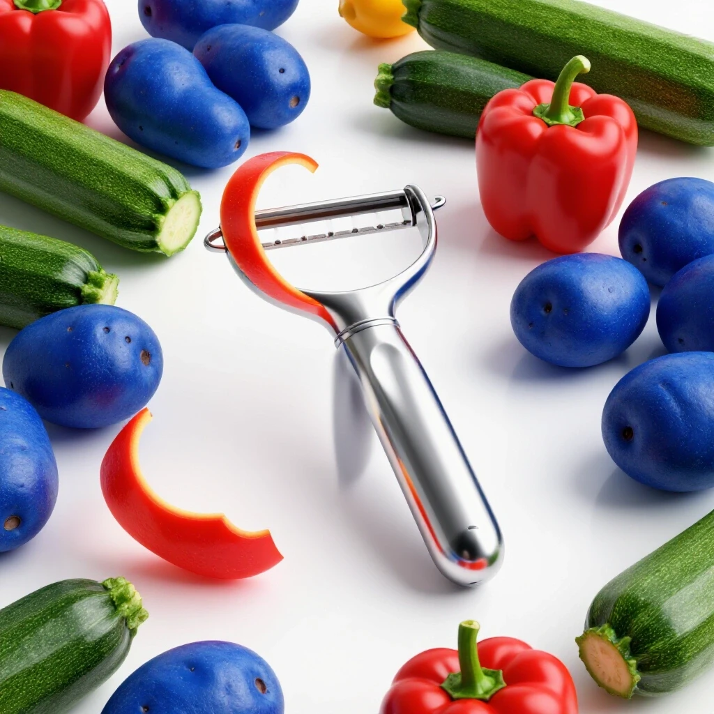 A shiny peeler in a bright kitchen setting surrounded by colorful fresh vegetables being peeled.