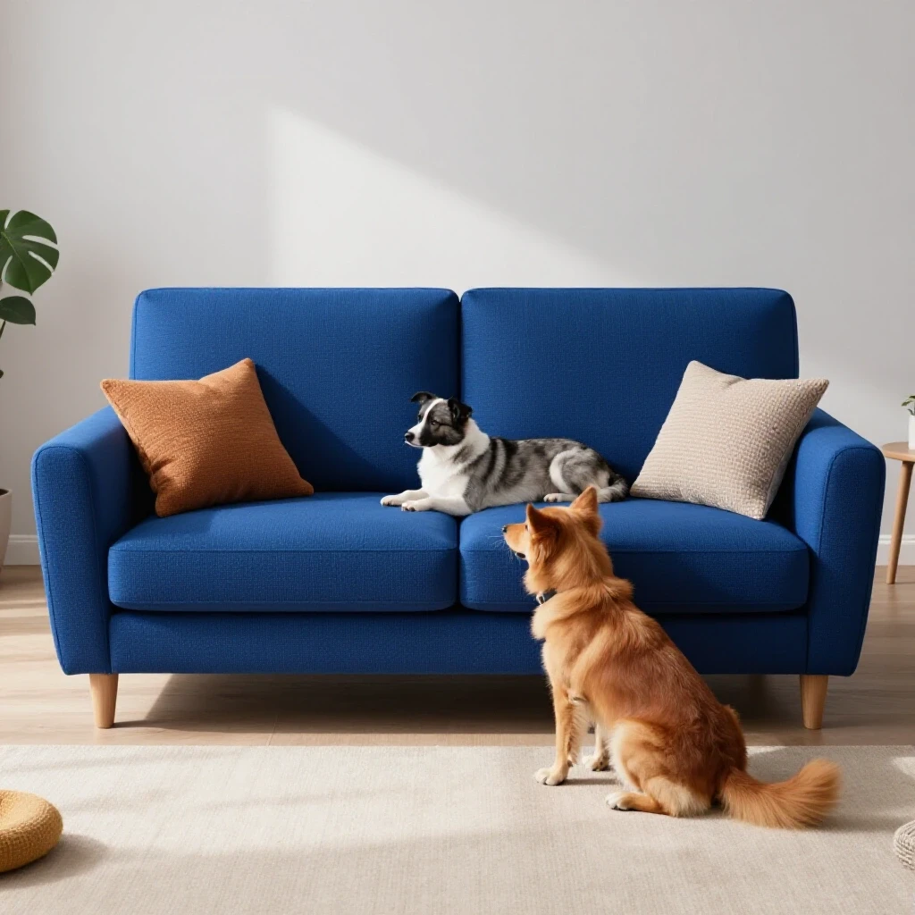 Cozy living room with a stylish royal blue pet-friendly sofa and playful pets engaging around it.