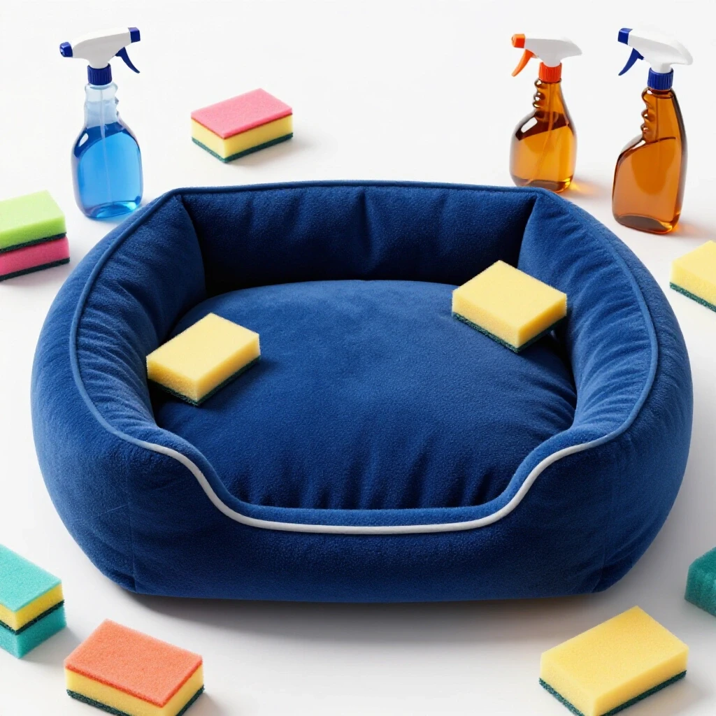 A vibrant pet bed surrounded by colorful cleaning tools, emphasizing ease of cleaning and maintenance.