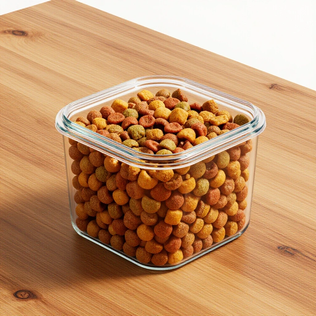 Stylish transparent glass pet food container filled with colorful kibble on a rustic wooden table.