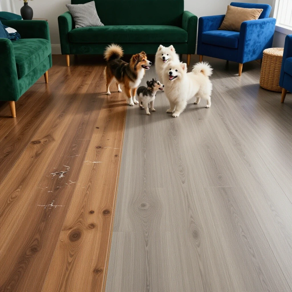 A cozy living space showcasing contrasting flooring options, with pets joyfully playing on the pristine surface.