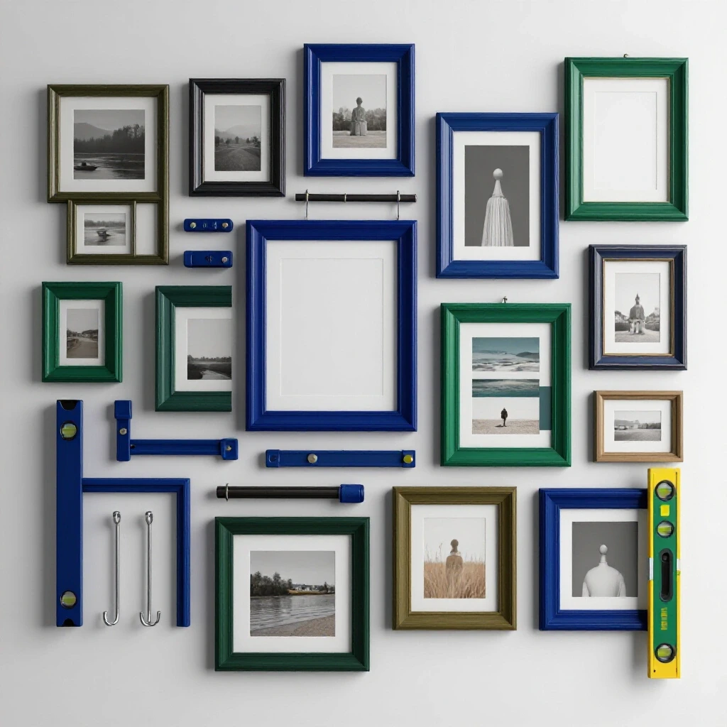 Gallery wall with assorted frames and picture hanging tools, demonstrating home decor enhancement.