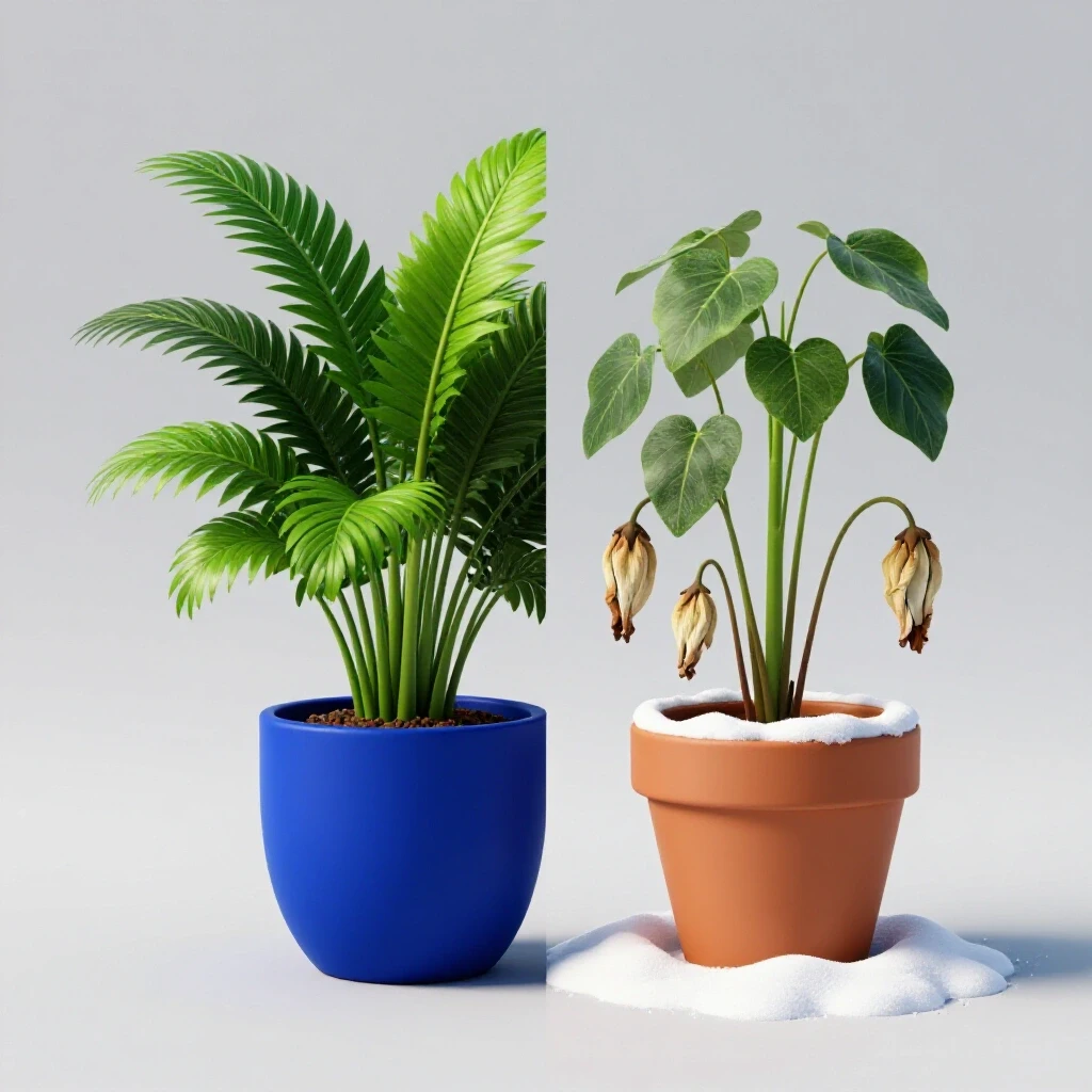 A split-screen image showcasing a healthy plant in a rich blue planter beside a wilted plant in a terracotta pot amidst snow.
