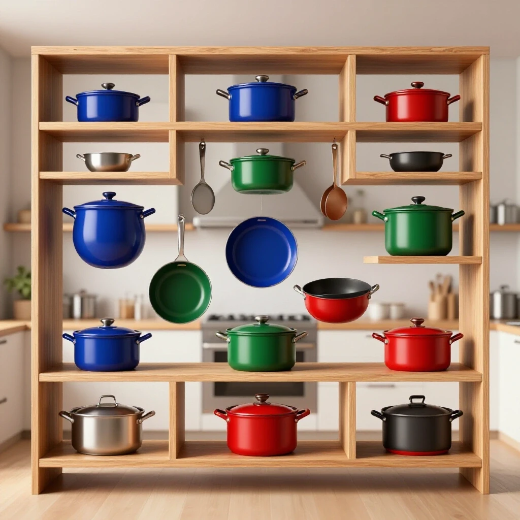 A beautifully organized kitchen with cookware suspended, showcasing innovative storage solutions and open shelving.