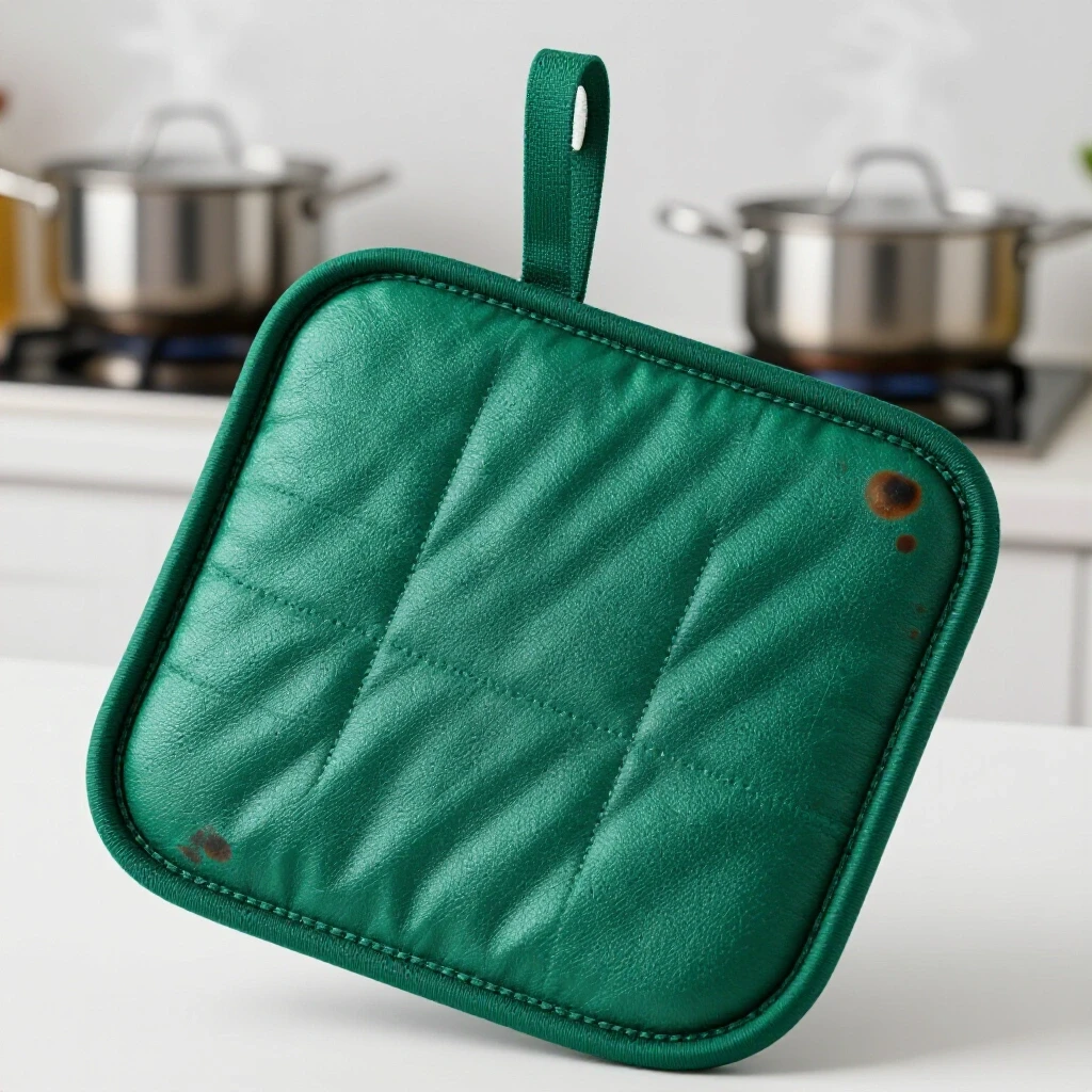 Close-up view of a vibrant emerald green pot holder with a burned edge, set against a blurred bright kitchen scene with steaming pot.